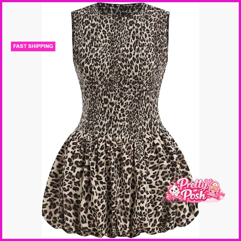 Leopard Print Crew Neck Sleeveless Shirred A Line Mini Dress